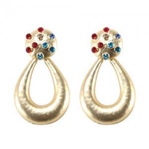 Multicolor Gems Embellished Painted Waterdrop Design High Fashion Earrings - Golden