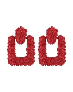 Coarse Studs Texture Geometric Square Design Women Costume Earrings - Red