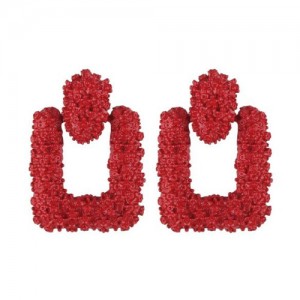 Coarse Studs Texture Geometric Square Design Women Costume Earrings - Red