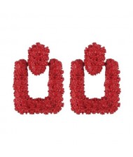 Coarse Studs Texture Geometric Square Design Women Costume Earrings - Red