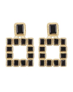 Shining Glass Gems Embellished Square Fashion Statement Earrings - Black