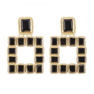 Shining Glass Gems Embellished Square Fashion Statement Earrings - Black