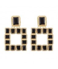 Shining Glass Gems Embellished Square Fashion Statement Earrings - Black