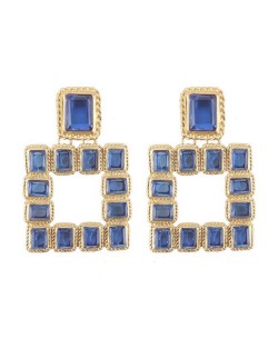Shining Glass Gems Embellished Square Fashion Statement Earrings - Blue