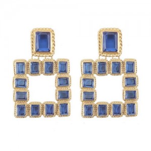Shining Glass Gems Embellished Square Fashion Statement Earrings - Blue