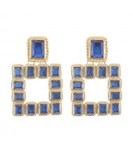 Shining Glass Gems Embellished Square Fashion Statement Earrings - Blue