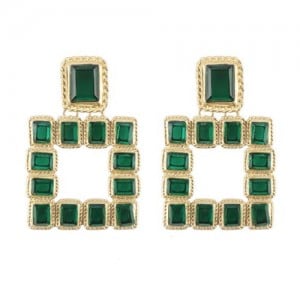 Shining Glass Gems Embellished Square Fashion Statement Earrings - Green