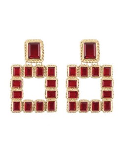 Shining Glass Gems Embellished Square Fashion Statement Earrings - Red