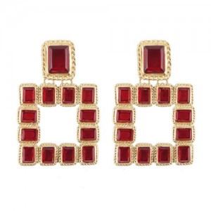 Shining Glass Gems Embellished Square Fashion Statement Earrings - Red