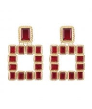 Shining Glass Gems Embellished Square Fashion Statement Earrings - Red