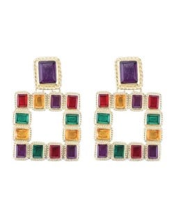 Shining Glass Gems Embellished Square Fashion Statement Earrings - Multicolor