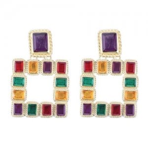 Shining Glass Gems Embellished Square Fashion Statement Earrings - Multicolor