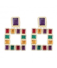 Shining Glass Gems Embellished Square Fashion Statement Earrings - Multicolor