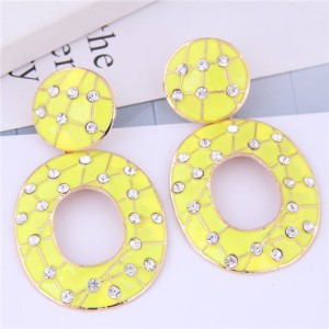 Multicolor Gems Inlaid Oil-spot Glazed Vintage Fashion Hoop Earrings - Yellow