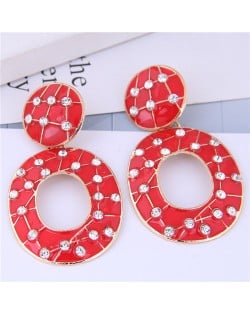 Multicolor Gems Inlaid Oil-spot Glazed Vintage Fashion Hoop Earrings - Red