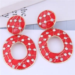 Multicolor Gems Inlaid Oil-spot Glazed Vintage Fashion Hoop Earrings - Red