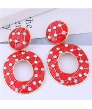 Multicolor Gems Inlaid Oil-spot Glazed Vintage Fashion Hoop Earrings - Red
