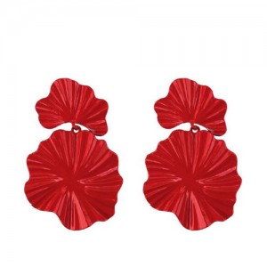 High Fashion Oil-spot Glazed Leaves Combo Design Dangling Alloy Women Statement Earrings - Red