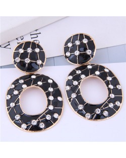 Multicolor Gems Inlaid Oil-spot Glazed Vintage Fashion Hoop Earrings - Black
