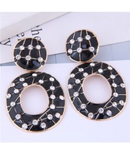 Multicolor Gems Inlaid Oil-spot Glazed Vintage Fashion Hoop Earrings - Black