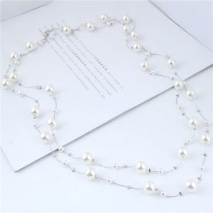 Pearl Embellished Korean Fashion Dual Layers Long Style Costume Necklace - Silver