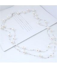 Pearl Embellished Korean Fashion Dual Layers Long Style Costume Necklace - Silver