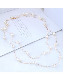 Pearl Embellished Korean Fashion Dual Layers Long Style Costume Necklace - Golden
