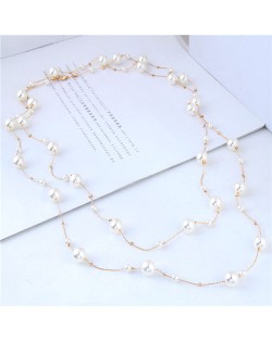 Pearl Embellished Korean Fashion Dual Layers Long Style Costume Necklace - Golden