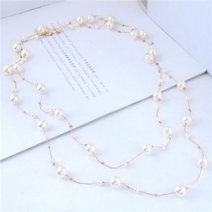 Pearl Embellished Korean Fashion Dual Layers Long Style Costume Necklace - Golden