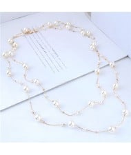 Pearl Embellished Korean Fashion Dual Layers Long Style Costume Necklace - Golden