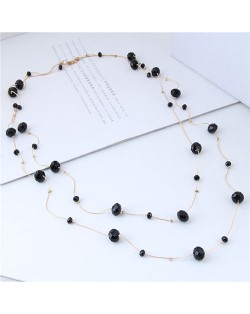 Crystal Beads Decorated Dual Layers Long Fashion Women Statement Necklace - Black