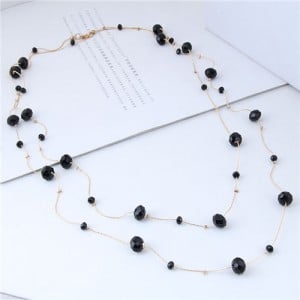 Crystal Beads Decorated Dual Layers Long Fashion Women Statement Necklace - Black