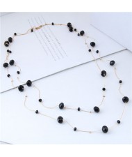 Crystal Beads Decorated Dual Layers Long Fashion Women Statement Necklace - Black