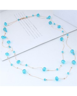 Crystal Beads Decorated Dual Layers Long Fashion Women Statement Necklace - Blue