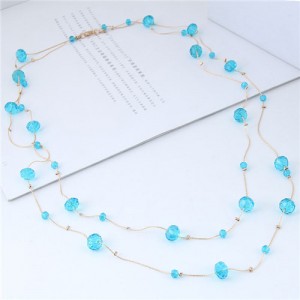 Crystal Beads Decorated Dual Layers Long Fashion Women Statement Necklace - Blue