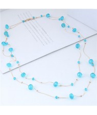 Crystal Beads Decorated Dual Layers Long Fashion Women Statement Necklace - Blue
