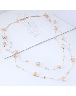 Crystal Beads Decorated Dual Layers Long Fashion Women Statement Necklace - Champagne