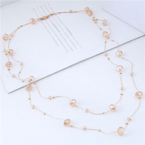 Crystal Beads Decorated Dual Layers Long Fashion Women Statement Necklace - Champagne