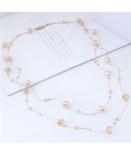 Crystal Beads Decorated Dual Layers Long Fashion Women Statement Necklace - Champagne