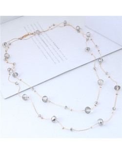 Crystal Beads Decorated Dual Layers Long Fashion Women Statement Necklace - Gray