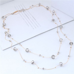 Crystal Beads Decorated Dual Layers Long Fashion Women Statement Necklace - Gray