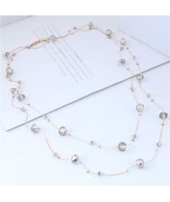 Crystal Beads Decorated Dual Layers Long Fashion Women Statement Necklace - Gray