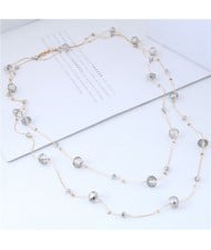 Crystal Beads Decorated Dual Layers Long Fashion Women Statement Necklace - Gray