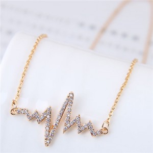 Glistening Cubic Zirconia Cardiogram Pendant Unique Fashion Necklace - Golden