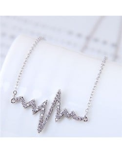 Glistening Cubic Zirconia Cardiogram Pendant Unique Fashion Necklace - Silver