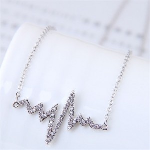 Glistening Cubic Zirconia Cardiogram Pendant Unique Fashion Necklace - Silver