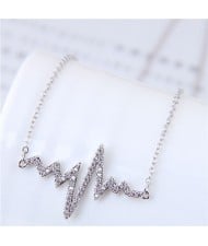 Glistening Cubic Zirconia Cardiogram Pendant Unique Fashion Necklace - Silver