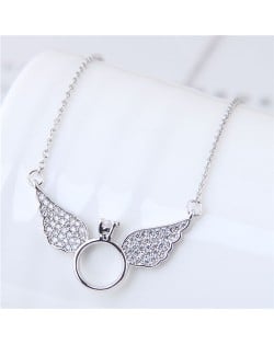 Cubic Zirconia Inlaid Angel Wings Design Korean Fashion Costume Necklace - Silver