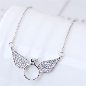 Cubic Zirconia Inlaid Angel Wings Design Korean Fashion Costume Necklace - Silver