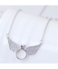 Cubic Zirconia Inlaid Angel Wings Design Korean Fashion Costume Necklace - Silver